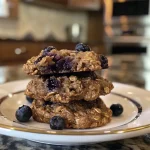 ['Close-up view of a stack of blueberry oatmeal cookies with visible blueberries.', 'Side view of freshly baked blueberry oatmeal cookies with a golden-brown exterior.', 'A delicious arrangement of blueberry oatmeal cookies showcasing their chewy texture.', 'Juicy blueberry oatmeal cookies displayed on a rustic wooden surface.']