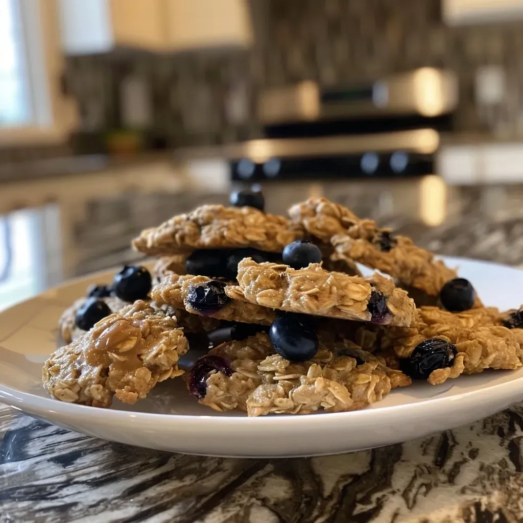 ['Close-up view of a stack of blueberry oatmeal cookies with visible blueberries.', 'Side view of freshly baked blueberry oatmeal cookies with a golden-brown exterior.', 'A delicious arrangement of blueberry oatmeal cookies showcasing their chewy texture.', 'Juicy blueberry oatmeal cookies displayed on a rustic wooden surface.']