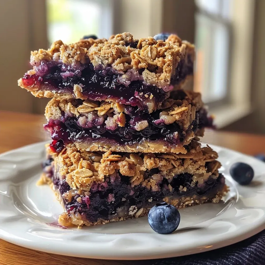 ['Juicy blueberry oatmeal crumble bars with a golden crumb topping, displayed from a side view.', 'Close-up of a side view of blueberry oatmeal crumble bars with a textured crumble topping.', 'Detailed side view of delicious blueberry oatmeal crumble bars with a soft blueberry filling.', 'Blueberry oatmeal crumble bars showcasing a rich crumb topping and vibrant blue berry filling.']