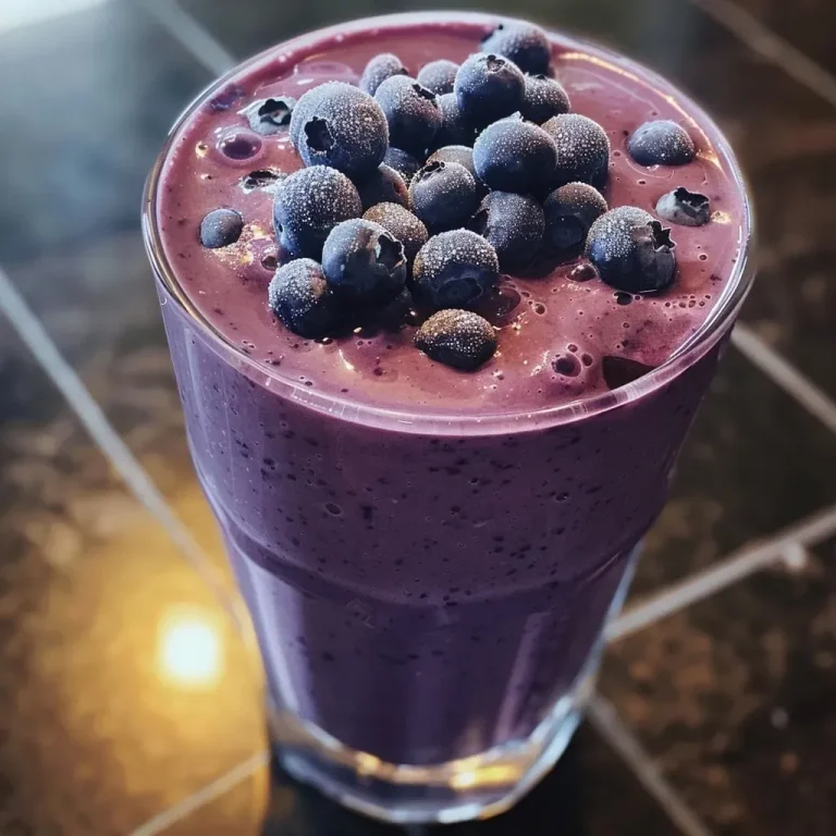 ['Close-up view of a creamy blueberry protein smoothie in a glass, showcasing its rich purple color.', 'Side view of a thick blueberry smoothie topped with yogurt, garnished with fresh blueberries.', 'A vibrant blueberry smoothie in a clear glass with a straw, highlighting its frosty texture.', 'Delicious blueberry protein smoothie in a side profile, featuring layers of yogurt and fruit.']