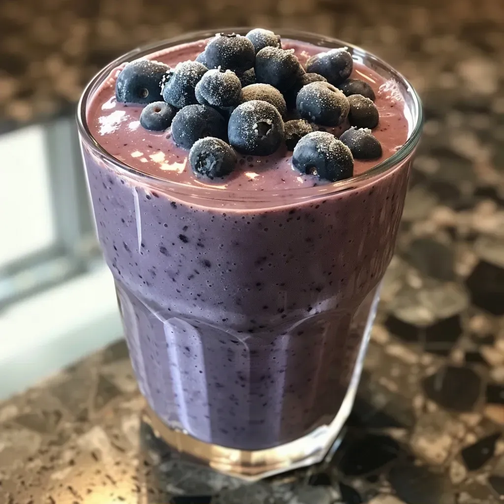['Close-up view of a creamy blueberry protein smoothie in a glass, showcasing its rich purple color.', 'Side view of a thick blueberry smoothie topped with yogurt, garnished with fresh blueberries.', 'A vibrant blueberry smoothie in a clear glass with a straw, highlighting its frosty texture.', 'Delicious blueberry protein smoothie in a side profile, featuring layers of yogurt and fruit.']