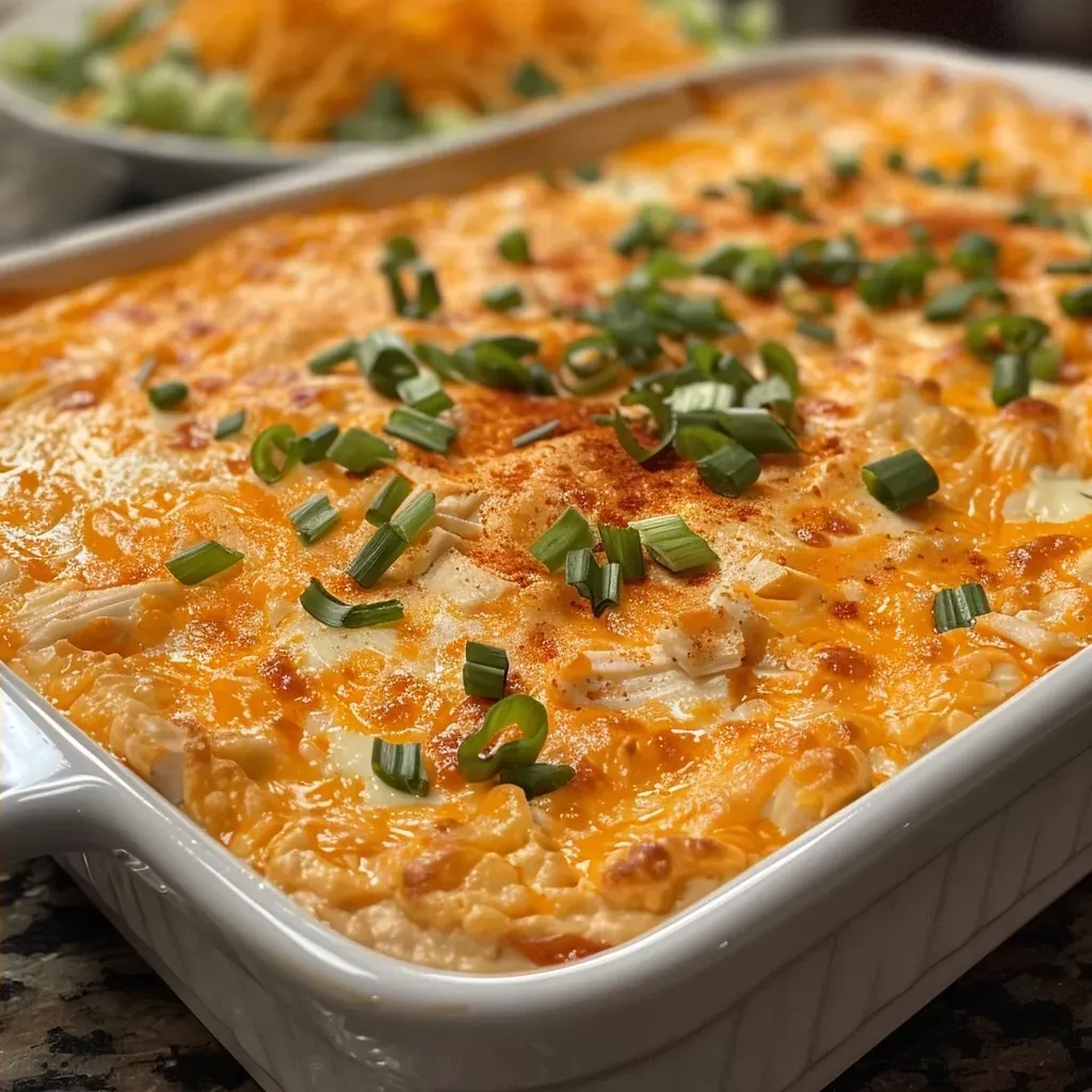 ['Close-up view of a creamy Buffalo Chicken Dip in a serving dish, garnished with a sprinkle of cheese.', 'Side perspective of a bowl filled with high-protein Buffalo Chicken Dip, showcasing its rich texture and color.', 'Juicy Buffalo Chicken Dip in a white bowl, with melted cheese on top, ready for serving.', 'High-protein Buffalo Chicken Dip displayed with a spoon, highlighting its smooth consistency and vibrant color.']