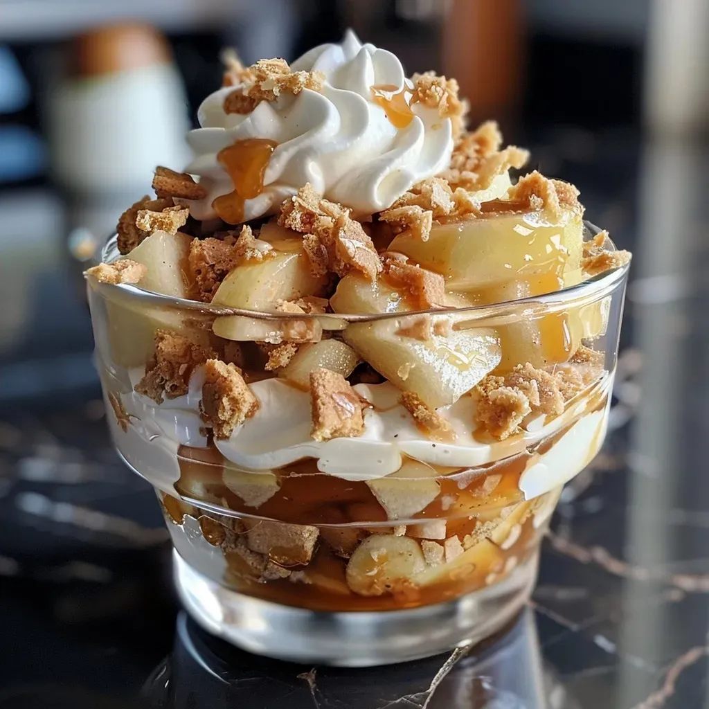 ['Close-up view of a caramel apple dessert cup with layers of apples, caramel, and crushed cookies.', 'Side view of a dessert cup filled with chopped apples, caramel drizzle, and whipped cream.', 'Delicious caramel apple dessert cup showcasing layers of ingredients, including apples and caramel sauce.', 'Detailed image of a dessert cup featuring caramelized apples and a creamy topping in a clear container.']