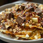 ['A close-up view of caramel apple nachos, featuring sliced apples drizzled with caramel and topped with various candies.', 'Side view of delicious caramel apple nachos, showcasing apple slices with a variety of toppings including chocolates and sprinkles.', 'A colorful arrangement of caramel apple nachos, displaying sliced apples covered in caramel sauce and decorated with candy bits.', 'An appetizing close-up of caramel apple nachos, highlighting the glossy caramel and vibrant toppings on fresh apple slices.']