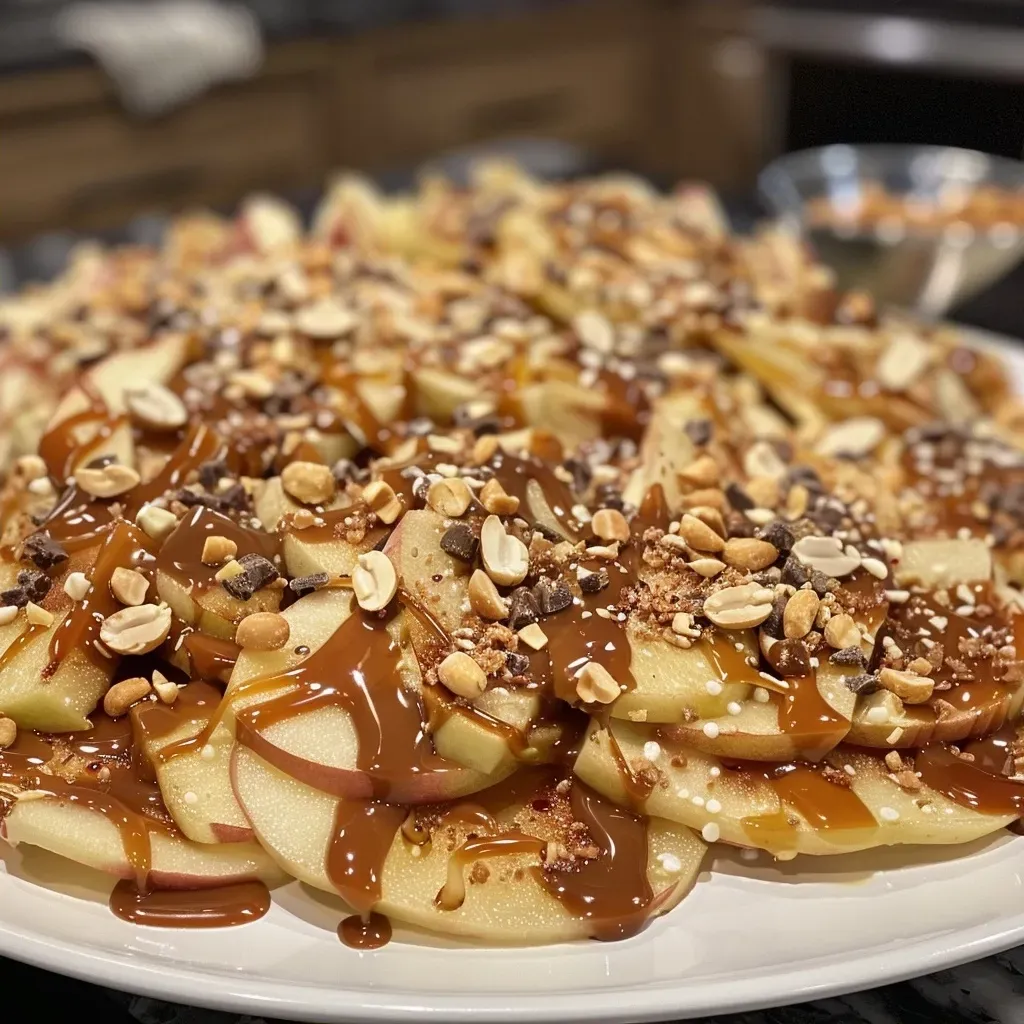 ['A close-up view of caramel apple nachos, featuring sliced apples drizzled with caramel and topped with various candies.', 'Side view of delicious caramel apple nachos, showcasing apple slices with a variety of toppings including chocolates and sprinkles.', 'A colorful arrangement of caramel apple nachos, displaying sliced apples covered in caramel sauce and decorated with candy bits.', 'An appetizing close-up of caramel apple nachos, highlighting the glossy caramel and vibrant toppings on fresh apple slices.']