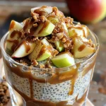 ['Close-up view of a caramel apple pie chia seed pudding parfait with layers of yogurt, chia seeds, and apple slices.', 'Side angle of a creamy chia seed pudding parfait featuring caramel sauce and diced Granny Smith apples.', 'Detailed image of a vegan chia pudding parfait with a golden caramel drizzle and topped with cinnamon and hemp hearts.', 'Vibrant side shot of a layered chia seed pudding dessert showcasing green apple pieces and a glossy caramel layer.']