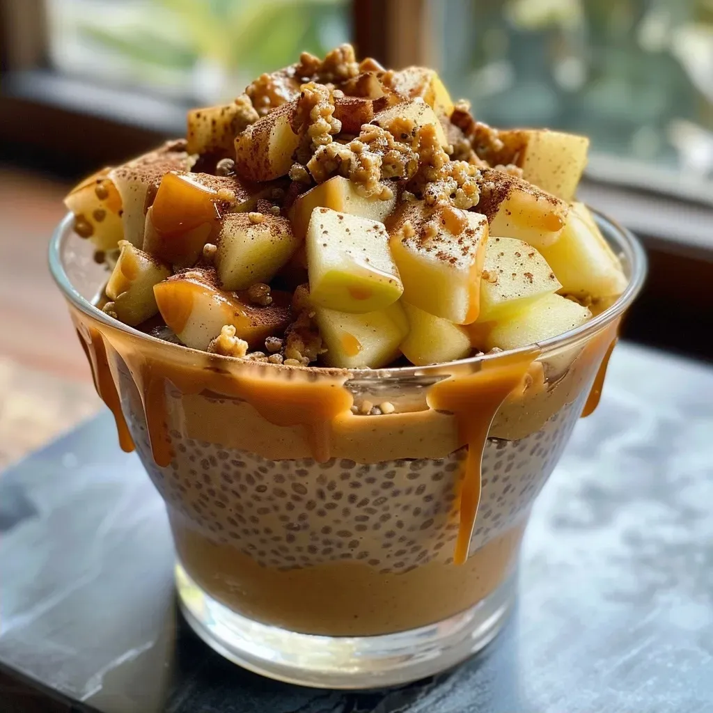 ['Close-up view of a caramel apple pie chia seed pudding parfait with layers of yogurt, chia seeds, and apple slices.', 'Side angle of a creamy chia seed pudding parfait featuring caramel sauce and diced Granny Smith apples.', 'Detailed image of a vegan chia pudding parfait with a golden caramel drizzle and topped with cinnamon and hemp hearts.', 'Vibrant side shot of a layered chia seed pudding dessert showcasing green apple pieces and a glossy caramel layer.']