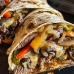 ['Close-up view of cheesy steak wraps with bell peppers and onions.', 'Juicy cheesesteak wraps filled with steak, mushrooms, and melted cheese.', 'A side view of protein-packed cheesesteak wraps on a plate.', 'Colorful cheesesteak wraps showcasing fresh ingredients like bell peppers and cheese.']
