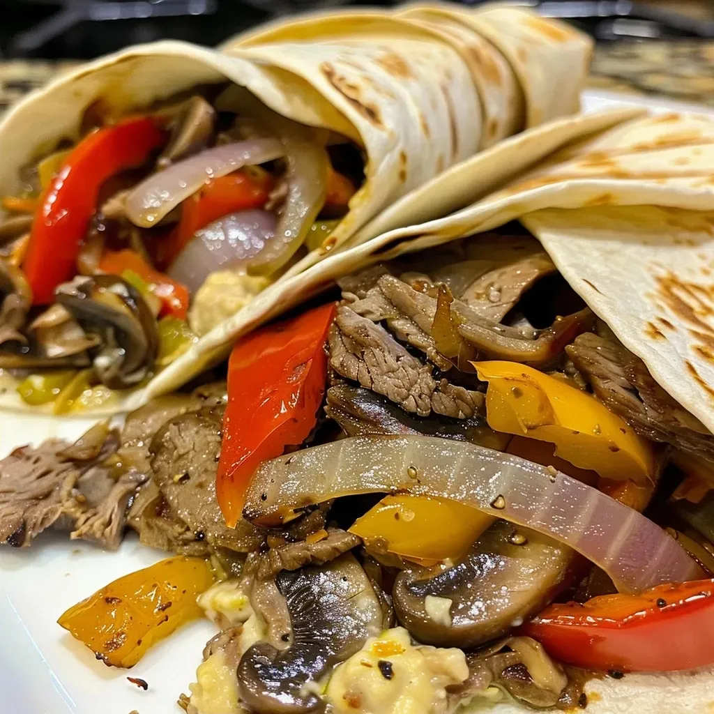 ['Close-up view of cheesy steak wraps with bell peppers and onions.', 'Juicy cheesesteak wraps filled with steak, mushrooms, and melted cheese.', 'A side view of protein-packed cheesesteak wraps on a plate.', 'Colorful cheesesteak wraps showcasing fresh ingredients like bell peppers and cheese.']