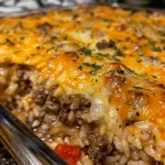 ['Close-up side view of a cheesy beef and rice casserole with a golden brown top.', 'Juicy casserole featuring ground beef, rice, and melted cheese, displayed in a baking dish.', 'Delicious beef casserole showing layers of rice, ground beef, and cheese, freshly baked.', 'Savory beef and rice casserole with a glistening layer of cheddar cheese, ready to serve.']