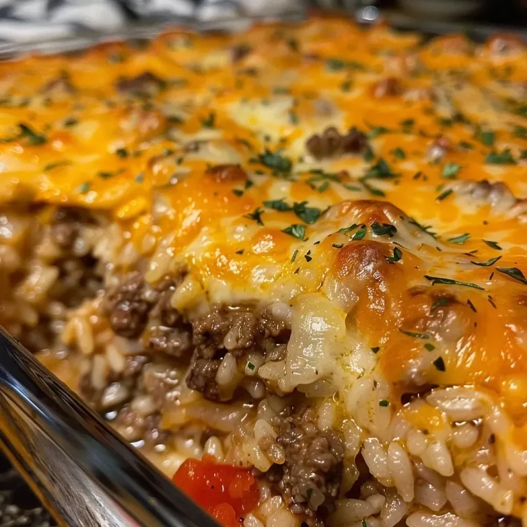['Close-up side view of a cheesy beef and rice casserole with a golden brown top.', 'Juicy casserole featuring ground beef, rice, and melted cheese, displayed in a baking dish.', 'Delicious beef casserole showing layers of rice, ground beef, and cheese, freshly baked.', 'Savory beef and rice casserole with a glistening layer of cheddar cheese, ready to serve.']