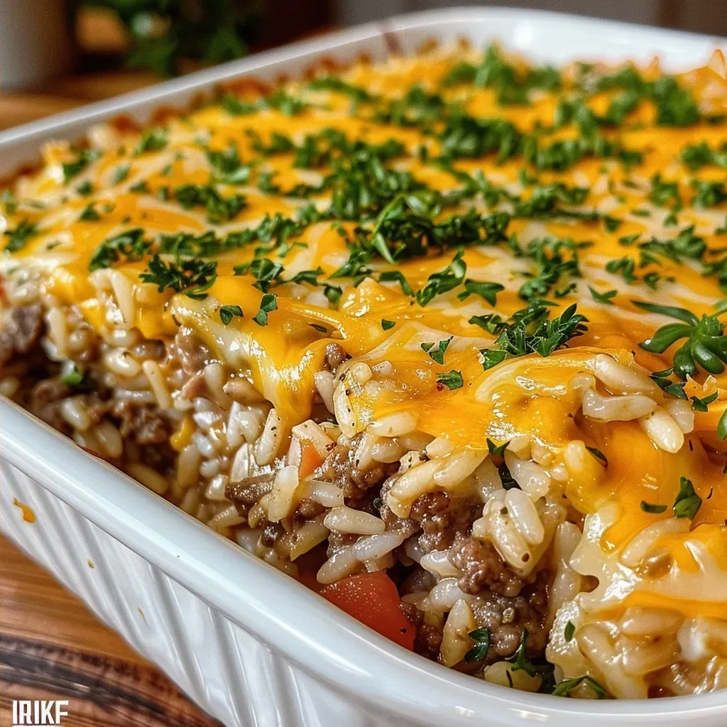 ['Close-up side view of a cheesy beef and rice casserole with a golden brown top.', 'Juicy casserole featuring ground beef, rice, and melted cheese, displayed in a baking dish.', 'Delicious beef casserole showing layers of rice, ground beef, and cheese, freshly baked.', 'Savory beef and rice casserole with a glistening layer of cheddar cheese, ready to serve.']