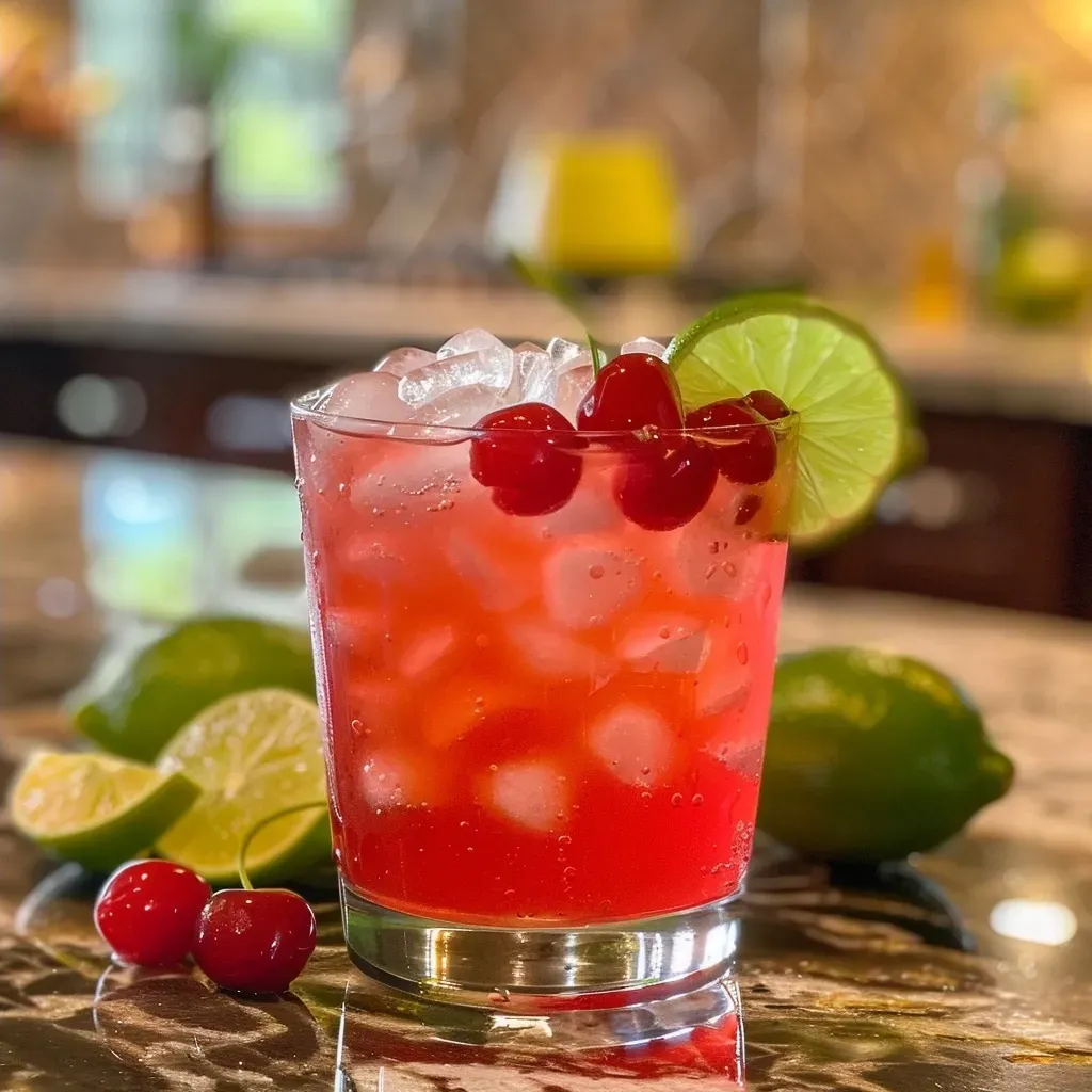 ['Close-up view of a Cherry Limeade drink with ice and sliced limes.', 'Side perspective of a refreshing Cherry Limeade featuring cherries and lime slices.', 'Juicy Cherry Limeade presented with crushed ice and maraschino cherries.', 'Vibrant Cherry Limeade drink with lime and cherries, captured in detail.']