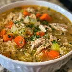 ['Close-up view of a bowl of Chicken and Brown Rice Soup garnished with herbs.', 'Side view of a steaming bowl of Chicken and Brown Rice Soup with visible ingredients.', 'Bowl filled with Chicken and Brown Rice Soup showcasing chunks of chicken and vegetables.', 'Detailed image of Chicken and Brown Rice Soup with a rich broth and brown rice.']