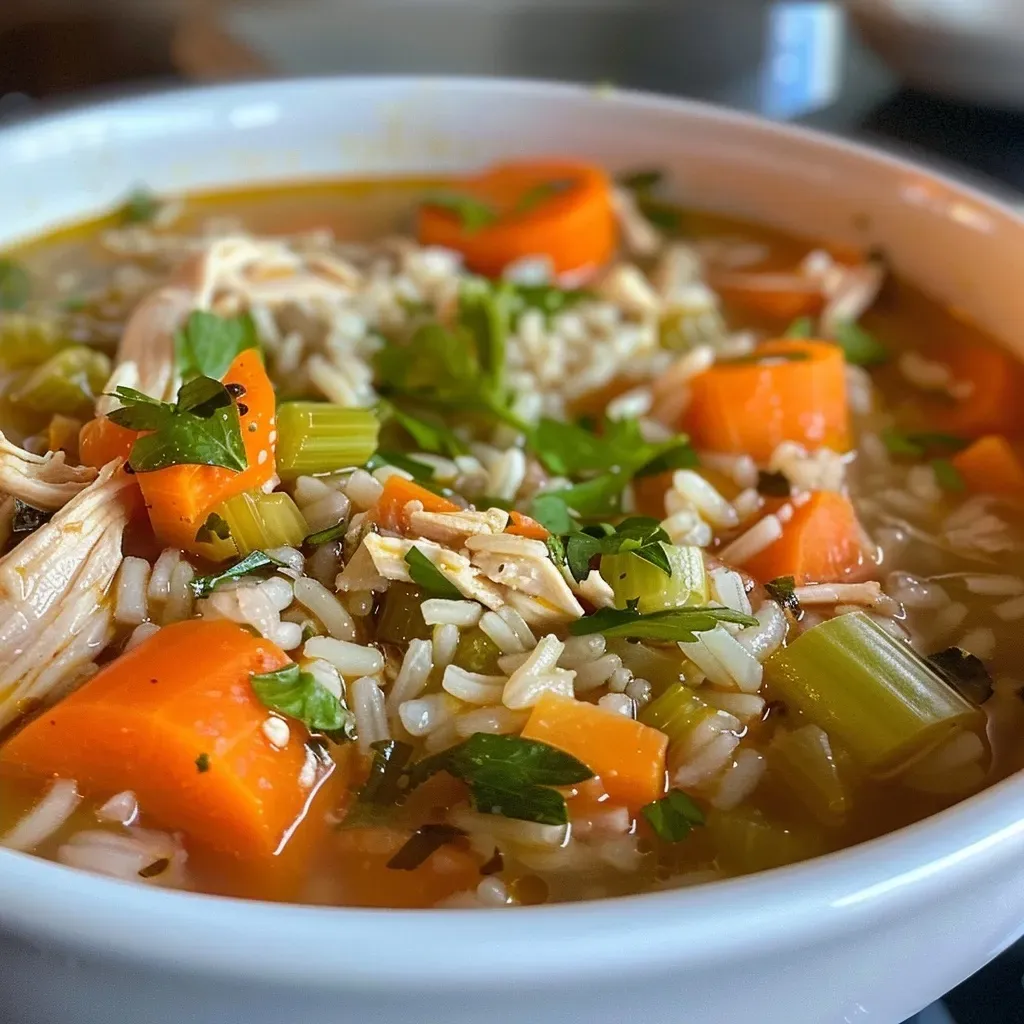 ['Close-up view of a bowl of Chicken and Brown Rice Soup garnished with herbs.', 'Side view of a steaming bowl of Chicken and Brown Rice Soup with visible ingredients.', 'Bowl filled with Chicken and Brown Rice Soup showcasing chunks of chicken and vegetables.', 'Detailed image of Chicken and Brown Rice Soup with a rich broth and brown rice.']