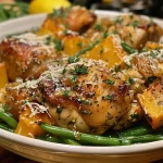 ['Close-up view of juicy chicken and butternut squash pieces on a plate.', 'Side perspective of roasted chicken and diced butternut squash garnished with herbs.', 'Appetizing chicken breast portions and vibrant butternut squash cubes on a rustic surface.', 'Detailed shot of tender chicken and colorful butternut squash ready to serve.']