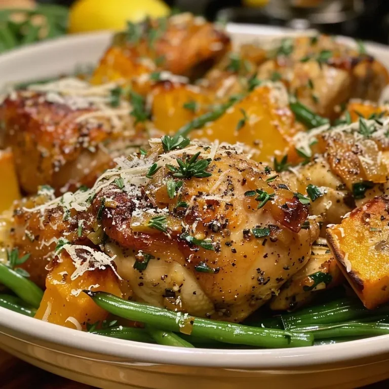 ['Close-up view of juicy chicken and butternut squash pieces on a plate.', 'Side perspective of roasted chicken and diced butternut squash garnished with herbs.', 'Appetizing chicken breast portions and vibrant butternut squash cubes on a rustic surface.', 'Detailed shot of tender chicken and colorful butternut squash ready to serve.']