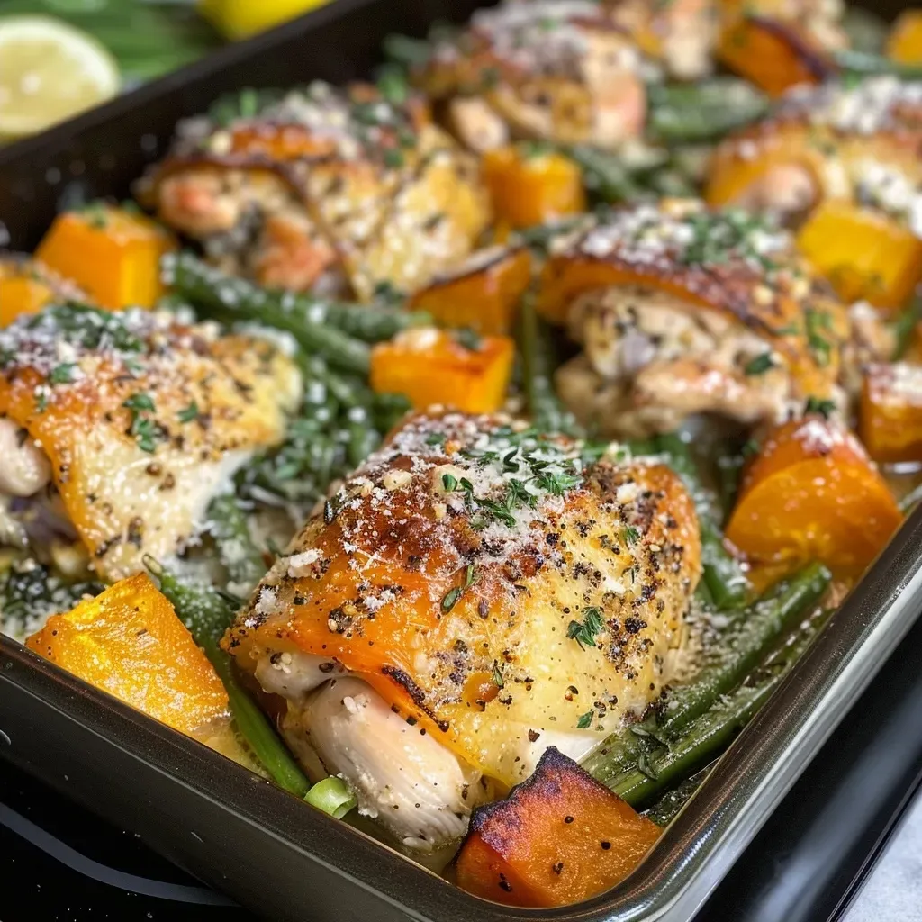 ['Close-up view of juicy chicken and butternut squash pieces on a plate.', 'Side perspective of roasted chicken and diced butternut squash garnished with herbs.', 'Appetizing chicken breast portions and vibrant butternut squash cubes on a rustic surface.', 'Detailed shot of tender chicken and colorful butternut squash ready to serve.']
