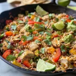 ['Close-up side view of a Chicken and Rice Taco Skillet with colorful vegetables.', 'Juicy Chicken and Rice Taco Skillet in a skillet, featuring peppers and rice.', 'Delicious Chicken and Rice Taco Skillet with diced chicken, rice, and garnishes.', 'Tasty Chicken and Rice Taco Skillet showcasing vibrant ingredients and textures.']