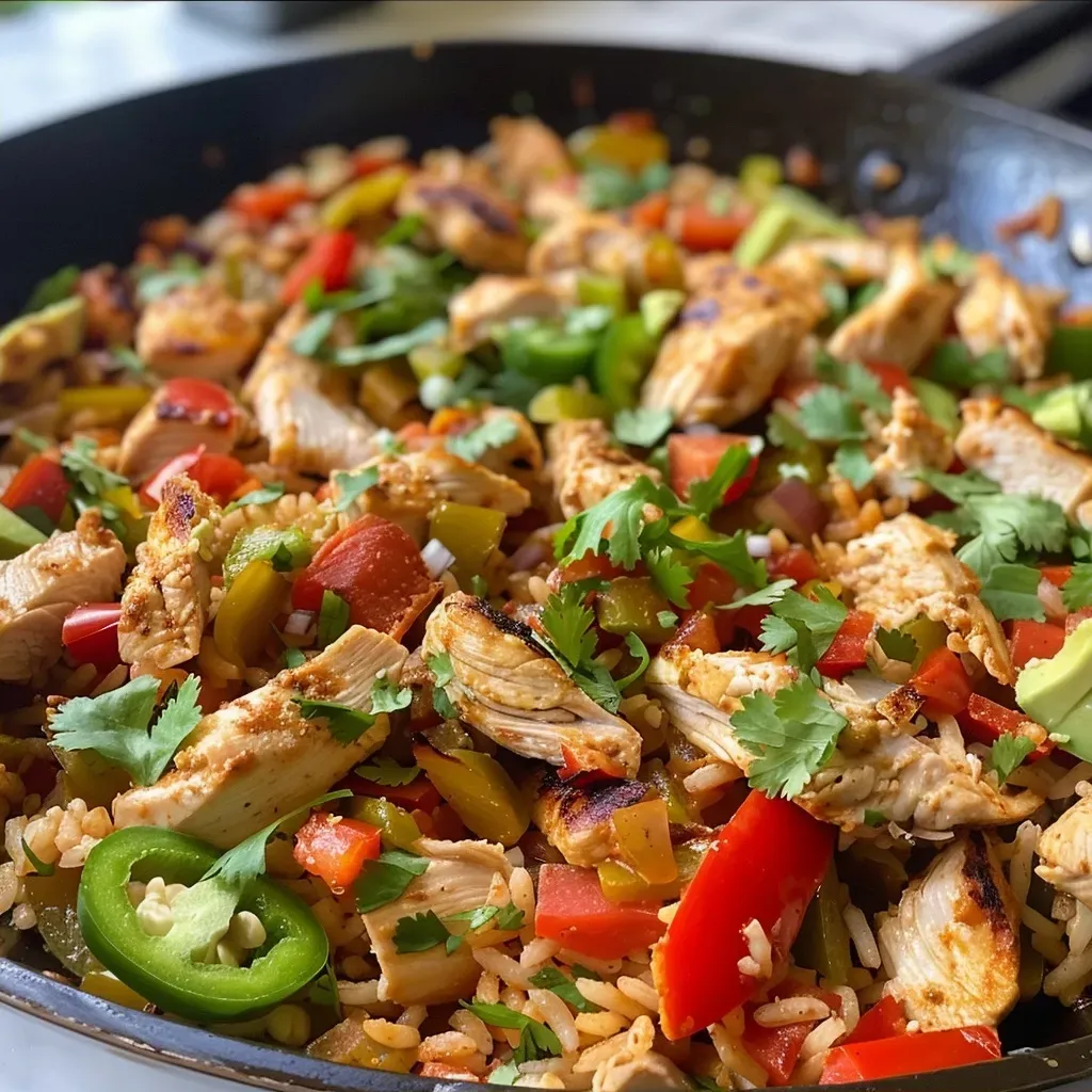 ['Close-up side view of a Chicken and Rice Taco Skillet with colorful vegetables.', 'Juicy Chicken and Rice Taco Skillet in a skillet, featuring peppers and rice.', 'Delicious Chicken and Rice Taco Skillet with diced chicken, rice, and garnishes.', 'Tasty Chicken and Rice Taco Skillet showcasing vibrant ingredients and textures.']