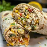 ['Close-up of juicy chicken and rice wraps with a side view showcasing vibrant ingredients.', 'Delicious chicken and rice wraps stacked, highlighting their colorful fillings and tortillas.', 'A side view of mouthwatering chicken and rice wraps filled with cheddar, corn, and cilantro.', 'Juicy chicken tender and rice wraps arranged on a plate, topped with fresh cilantro.']
