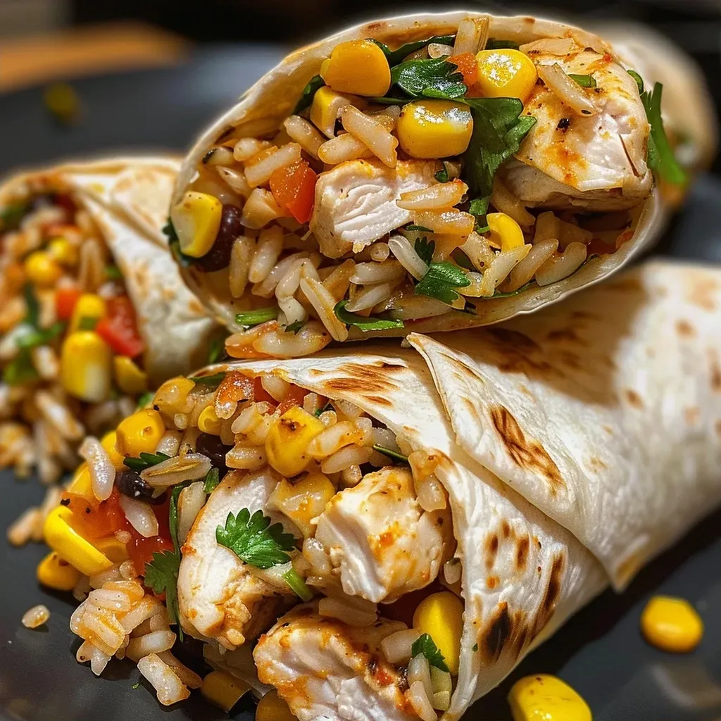 ['Close-up of juicy chicken and rice wraps with a side view showcasing vibrant ingredients.', 'Delicious chicken and rice wraps stacked, highlighting their colorful fillings and tortillas.', 'A side view of mouthwatering chicken and rice wraps filled with cheddar, corn, and cilantro.', 'Juicy chicken tender and rice wraps arranged on a plate, topped with fresh cilantro.']