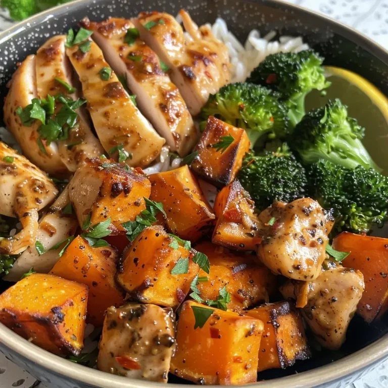 ['Close-up view of Chicken and Sweet Potato Bowls with colorful ingredients.', 'Juicy chicken and vibrant sweet potato cubes in a bowl with broccoli.', 'Delicious meal featuring seasoned chicken, sweet potatoes, and fresh greens.', 'Tasty chicken and sweet potato dish garnished with parsley and lemon.']