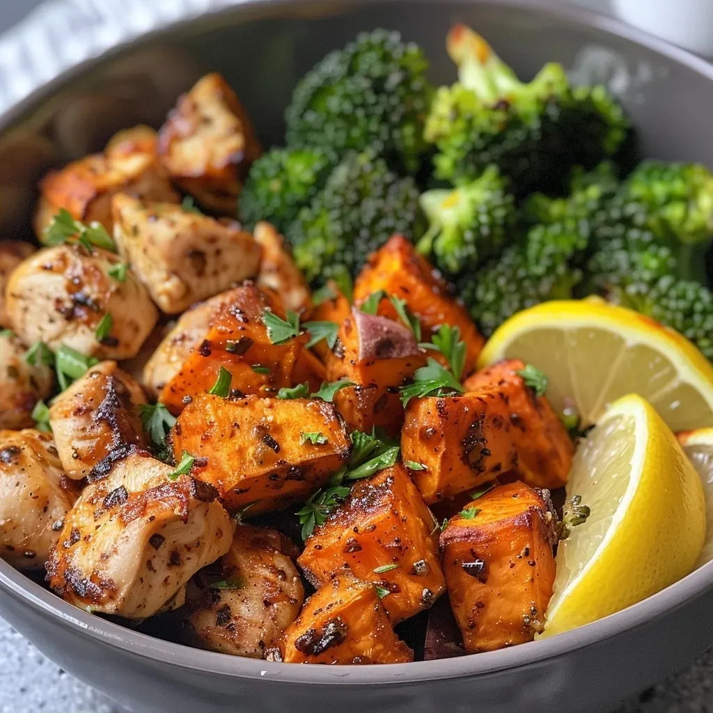 ['Close-up view of Chicken and Sweet Potato Bowls with colorful ingredients.', 'Juicy chicken and vibrant sweet potato cubes in a bowl with broccoli.', 'Delicious meal featuring seasoned chicken, sweet potatoes, and fresh greens.', 'Tasty chicken and sweet potato dish garnished with parsley and lemon.']