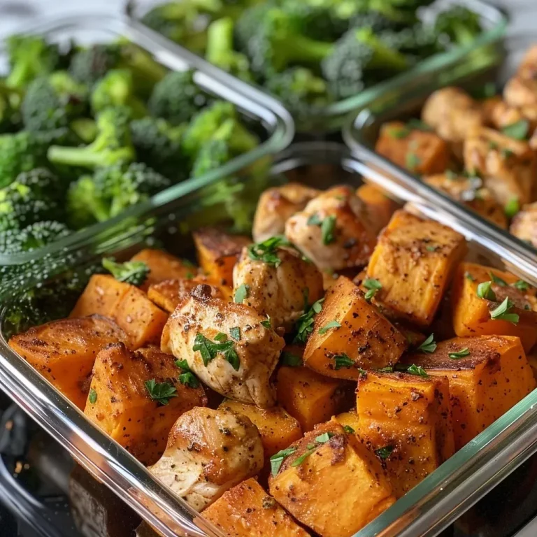 ['Close-up view of a meal prep container filled with chicken, sweet potatoes, and broccoli.', 'Side view of diced chicken breast and cubed sweet potatoes arranged in a meal prep container.', 'Colorful meal prep featuring juicy chicken, roasted sweet potatoes, and broccoli florets.', 'Detailed view of healthy chicken and sweet potato meal prep with fresh parsley on top.']