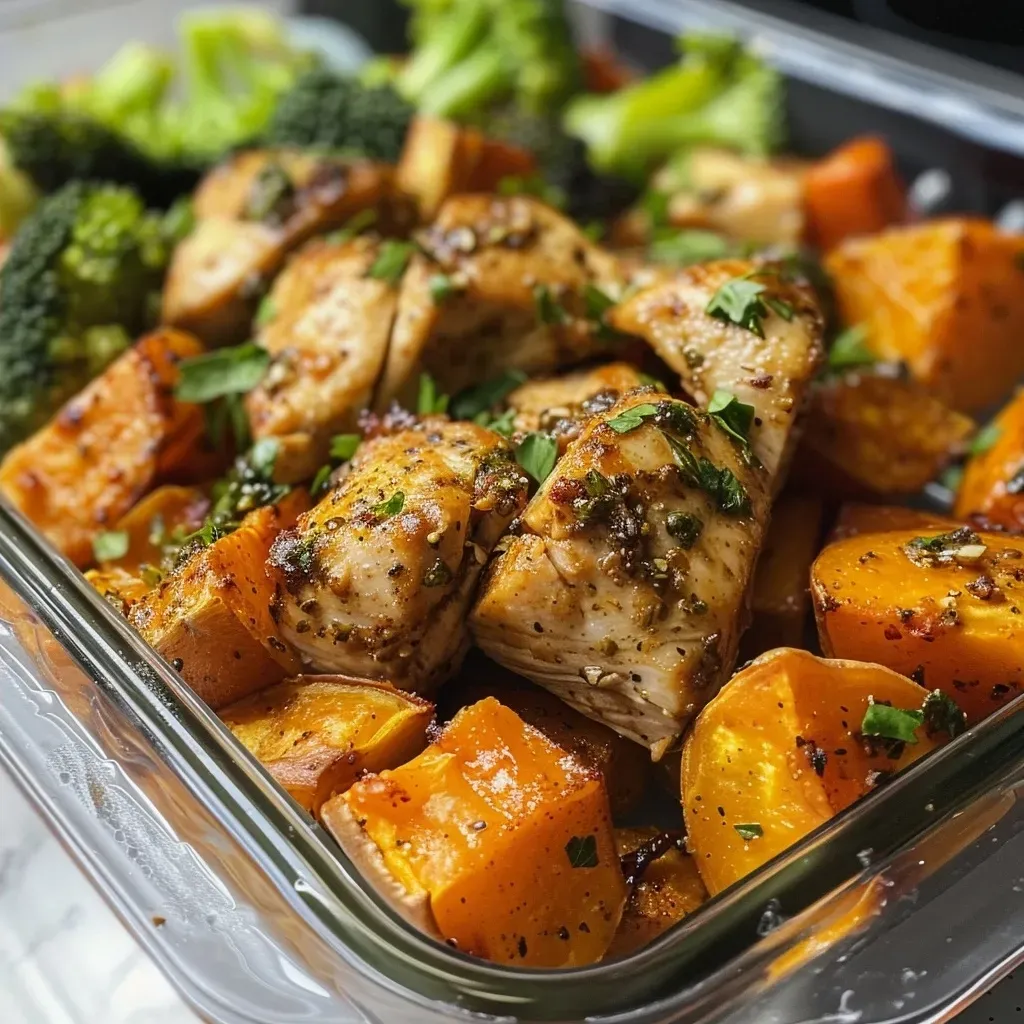 ['Close-up view of a meal prep container filled with chicken, sweet potatoes, and broccoli.', 'Side view of diced chicken breast and cubed sweet potatoes arranged in a meal prep container.', 'Colorful meal prep featuring juicy chicken, roasted sweet potatoes, and broccoli florets.', 'Detailed view of healthy chicken and sweet potato meal prep with fresh parsley on top.']