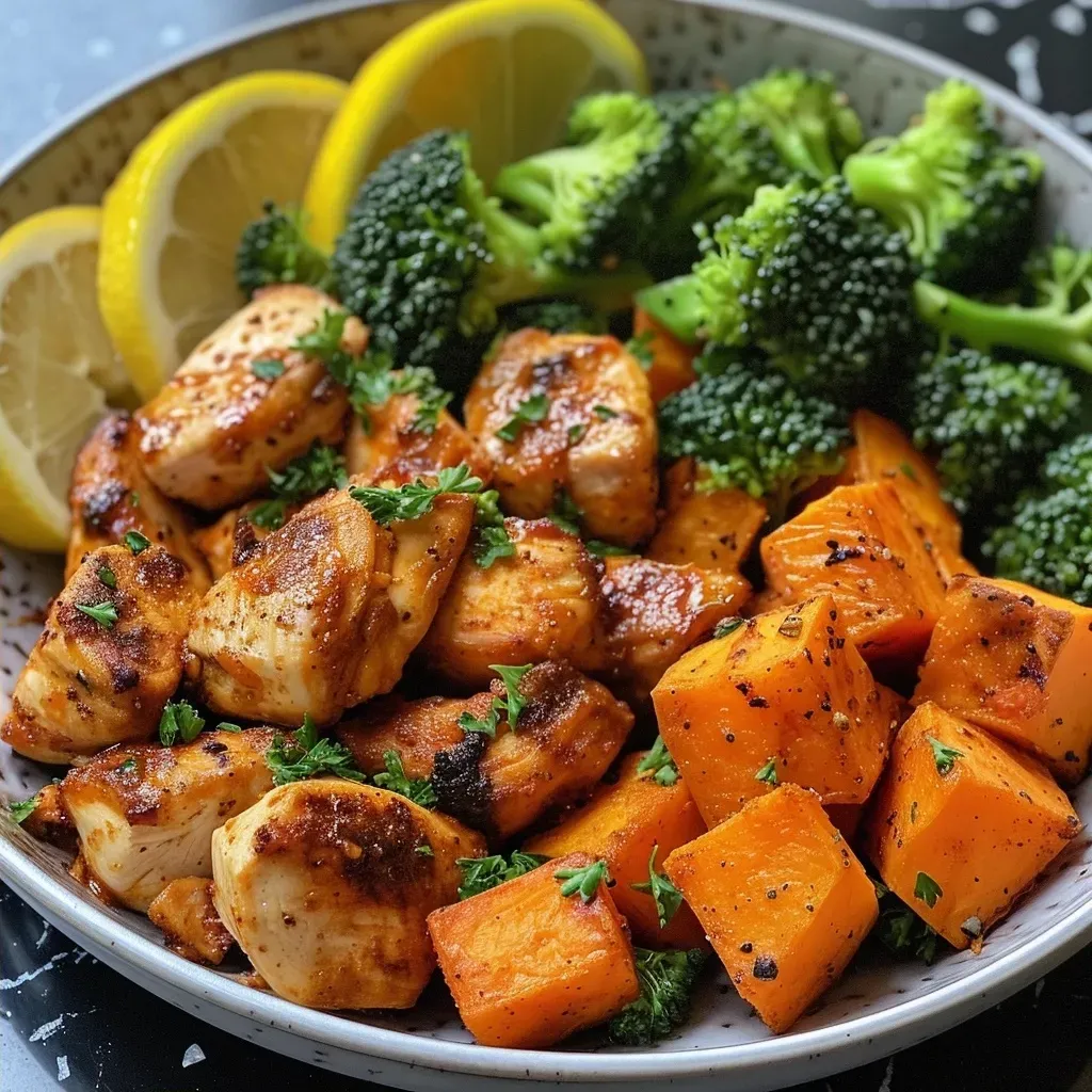 ['Juicy chicken thighs and roasted sweet potatoes arranged on a plate.', 'Close-up view of crispy chicken skin and cubed sweet potatoes garnished with herbs.', 'Side angle photo of a hearty meal featuring chicken and sweet potatoes.', 'Colorful dish of seasoned chicken thighs with sweet potatoes and onion.']