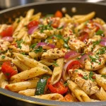 ['Close-up view of a vibrant chicken and vegetable pasta dish with colorful ingredients.', 'An appetizing plate of penne pasta topped with sliced chicken and fresh vegetables.', 'Side view of a hearty chicken and vegetable pasta, featuring zucchini and cherry tomatoes.', 'Detailed look at a delicious chicken and vegetable pasta bowl garnished with parmesan cheese.']