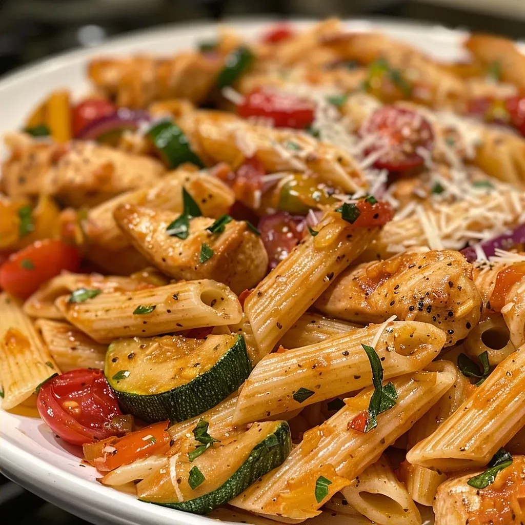 ['Close-up view of a vibrant chicken and vegetable pasta dish with colorful ingredients.', 'An appetizing plate of penne pasta topped with sliced chicken and fresh vegetables.', 'Side view of a hearty chicken and vegetable pasta, featuring zucchini and cherry tomatoes.', 'Detailed look at a delicious chicken and vegetable pasta bowl garnished with parmesan cheese.']