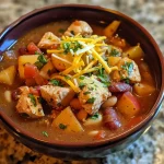 ['A close-up view of Chicken Apple Chili with chicken pieces and apple cubes visible.', 'Juicy Chicken Apple Chili featuring diced chicken, apple chunks, and colorful beans.', 'A vibrant bowl of Chicken Apple Chili showcasing ingredients like chicken, apples, and beans.', 'A side view of Chicken Apple Chili, highlighting its chunky texture and rich colors.']