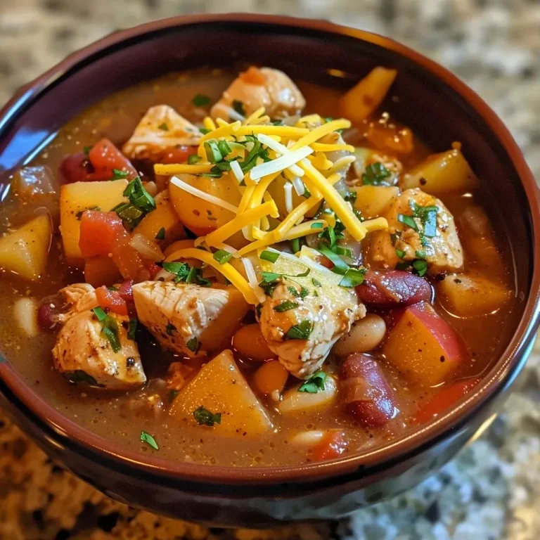 ['A close-up view of Chicken Apple Chili with chicken pieces and apple cubes visible.', 'Juicy Chicken Apple Chili featuring diced chicken, apple chunks, and colorful beans.', 'A vibrant bowl of Chicken Apple Chili showcasing ingredients like chicken, apples, and beans.', 'A side view of Chicken Apple Chili, highlighting its chunky texture and rich colors.']