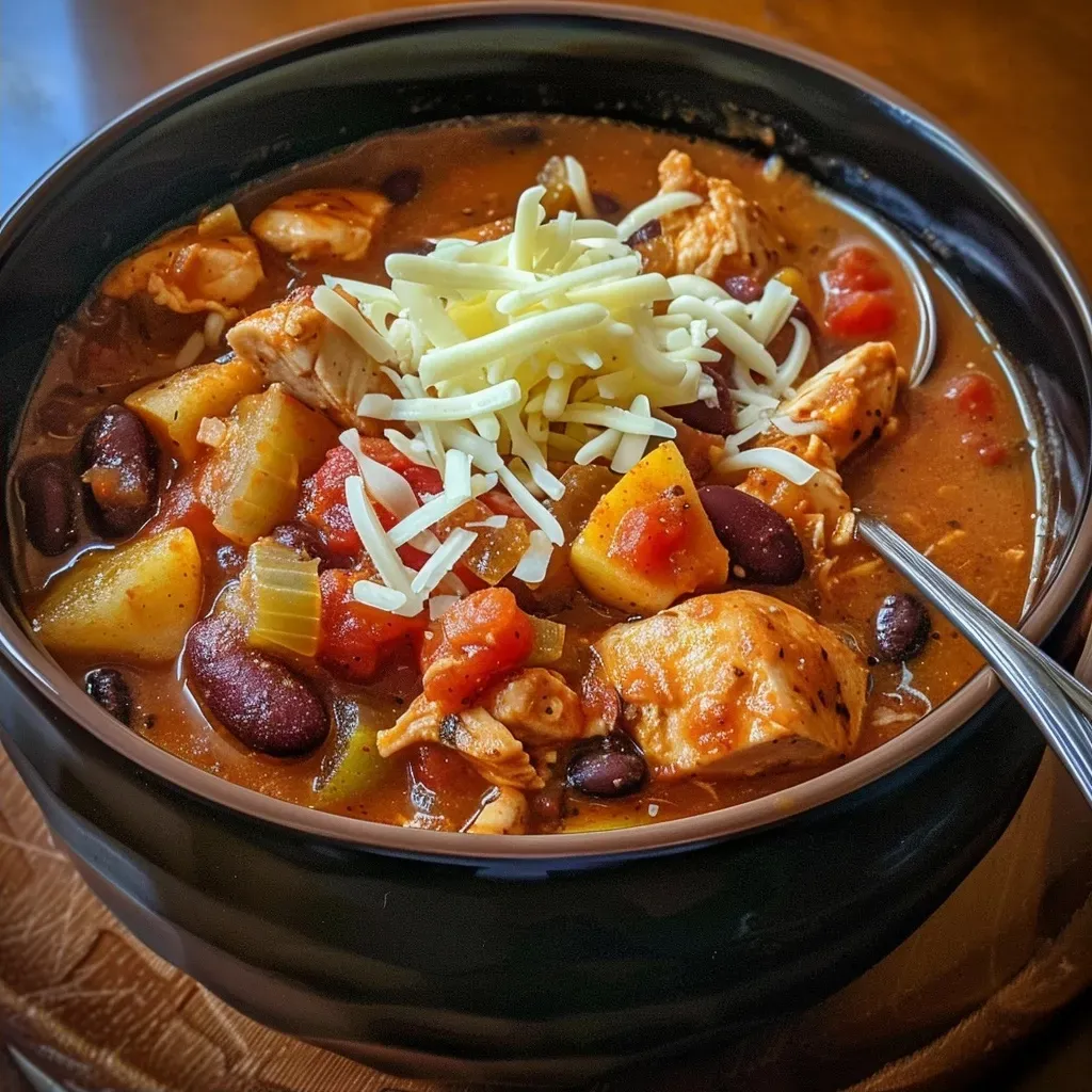['A close-up view of Chicken Apple Chili with chicken pieces and apple cubes visible.', 'Juicy Chicken Apple Chili featuring diced chicken, apple chunks, and colorful beans.', 'A vibrant bowl of Chicken Apple Chili showcasing ingredients like chicken, apples, and beans.', 'A side view of Chicken Apple Chili, highlighting its chunky texture and rich colors.']
