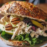 ['A close-up side view of a juicy chicken apple sandwich with visible ingredients.', 'A detailed shot of a sandwich filled with shredded chicken, apple chunks, and lettuce.', 'A vibrant chicken apple sandwich showcasing layers of crunchy celery and juicy apples.', 'A mouth-watering view of a sandwich with shreds of chicken and garnishes on sourdough bread.']