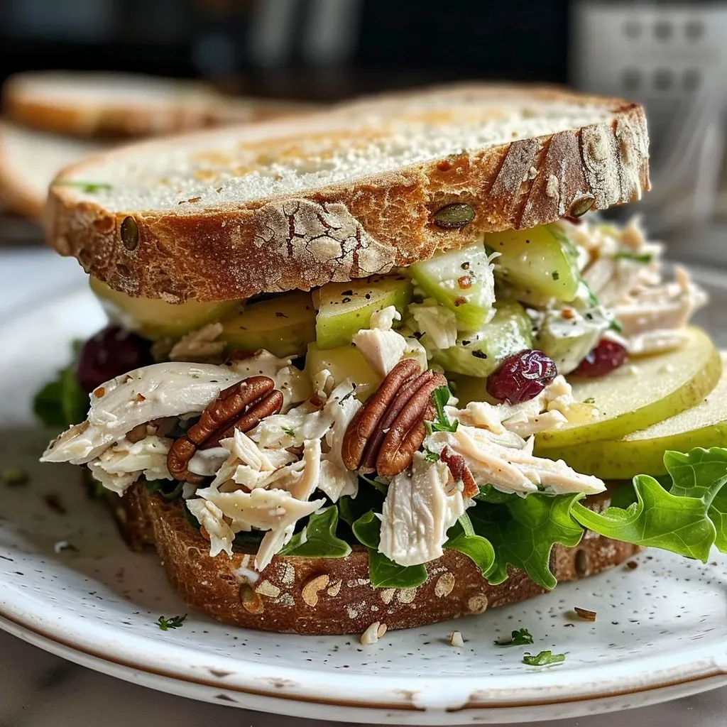 ['A close-up side view of a juicy chicken apple sandwich with visible ingredients.', 'A detailed shot of a sandwich filled with shredded chicken, apple chunks, and lettuce.', 'A vibrant chicken apple sandwich showcasing layers of crunchy celery and juicy apples.', 'A mouth-watering view of a sandwich with shreds of chicken and garnishes on sourdough bread.']