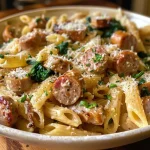['Close-up view of Chicken Apple Sausage Pasta with vibrant colors.', 'Juicy Chicken Apple Sausage Pasta garnished with fresh parsley.', 'Side view of creamy Chicken Apple Sausage Pasta in a white bowl.', 'Bowl of Chicken Apple Sausage Pasta showcasing sliced sausages and spinach.']