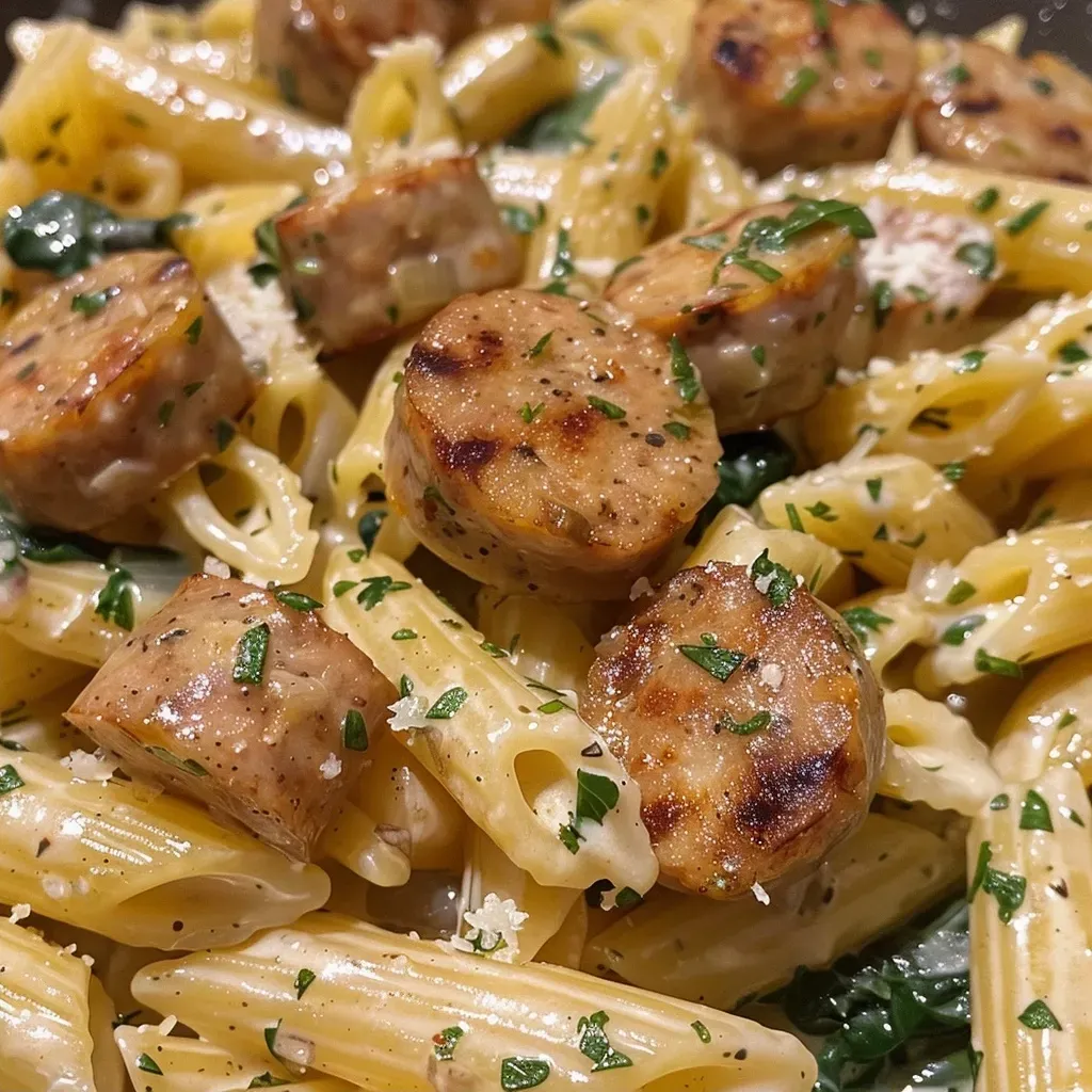 ['Close-up view of Chicken Apple Sausage Pasta with vibrant colors.', 'Juicy Chicken Apple Sausage Pasta garnished with fresh parsley.', 'Side view of creamy Chicken Apple Sausage Pasta in a white bowl.', 'Bowl of Chicken Apple Sausage Pasta showcasing sliced sausages and spinach.']