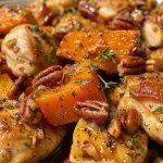 ['Close-up of golden-brown chicken bites alongside vibrant sweet potato cubes and toasted pecans.', 'Juicy chicken bites mixed with diced sweet potatoes and garnished with pecans on a plate.', 'A side view of cooked chicken bites with sweet potato chunks and crunchy pecans, presented appealingly.', 'Delicious-looking chicken bites paired with roasted sweet potatoes and sprinkled with pecans.']