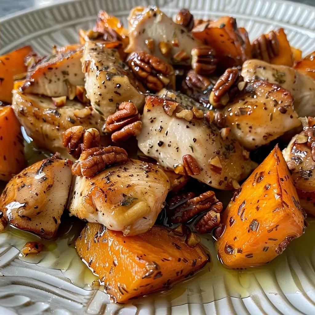 ['Close-up of golden-brown chicken bites alongside vibrant sweet potato cubes and toasted pecans.', 'Juicy chicken bites mixed with diced sweet potatoes and garnished with pecans on a plate.', 'A side view of cooked chicken bites with sweet potato chunks and crunchy pecans, presented appealingly.', 'Delicious-looking chicken bites paired with roasted sweet potatoes and sprinkled with pecans.']