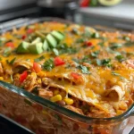 ['Close-up view of a Chicken Burrito Casserole topped with cheese, cilantro, and avocado.', 'Juicy Chicken Burrito Casserole in a dish, showcasing layers of rice, beans, and chicken.', 'Side angle of a Chicken Burrito Casserole, featuring vibrant colors from peppers and toppings.', 'A hearty Chicken Burrito Casserole with melted cheese, green onions, and salsa garnishment.']