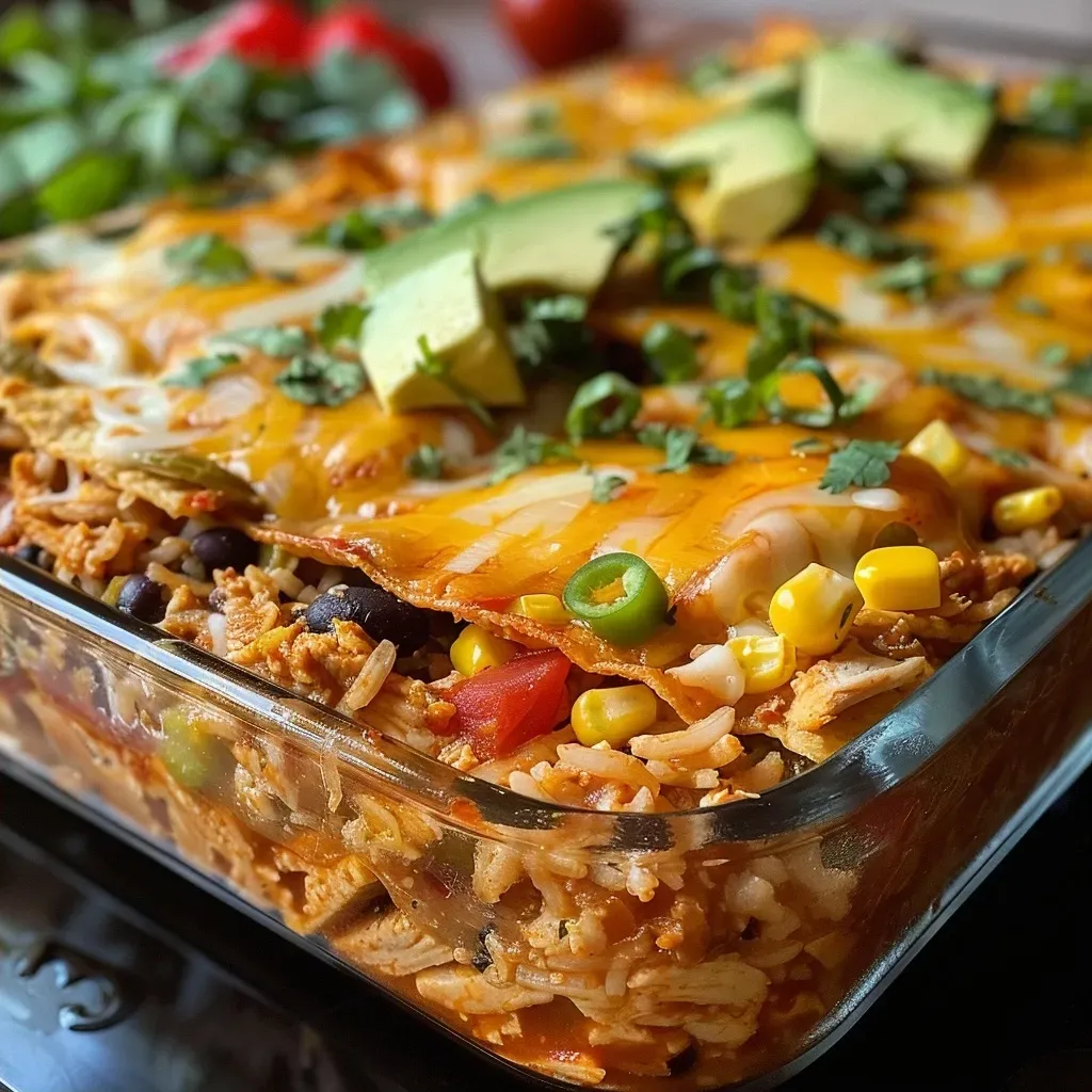 ['Close-up view of a Chicken Burrito Casserole topped with cheese, cilantro, and avocado.', 'Juicy Chicken Burrito Casserole in a dish, showcasing layers of rice, beans, and chicken.', 'Side angle of a Chicken Burrito Casserole, featuring vibrant colors from peppers and toppings.', 'A hearty Chicken Burrito Casserole with melted cheese, green onions, and salsa garnishment.']