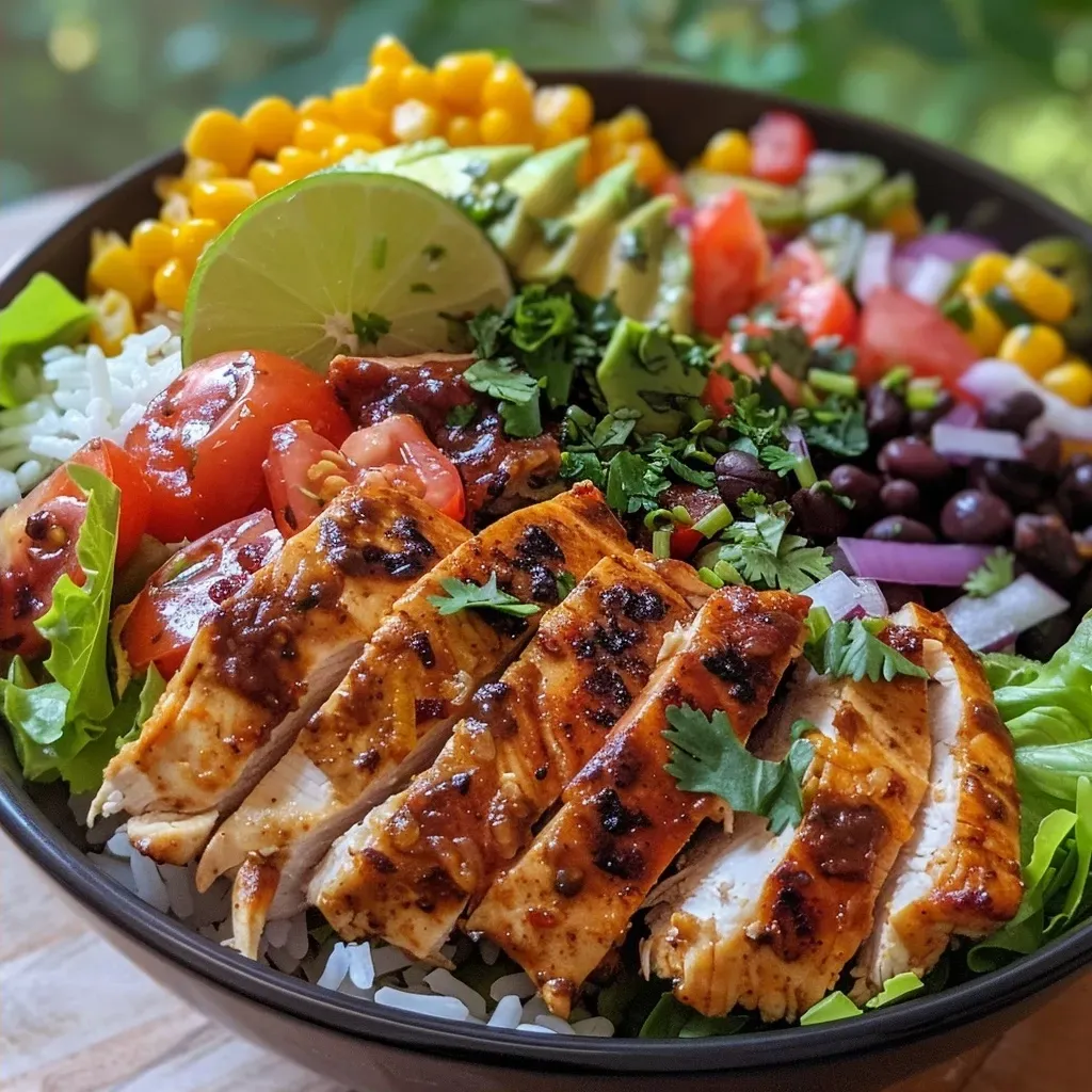 ['Juicy Chicken Burrito Protein Bowl featuring colorful ingredients.', 'Close-up view of a Chicken Burrito Protein Bowl with chicken, rice, and vegetables.', 'Side view of a delicious Chicken Burrito Protein Bowl filled with fresh toppings.', 'Vibrant Chicken Burrito Protein Bowl showcasing layers of rice, chicken, and veggies.']
