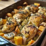 ['Close-up view of Chicken, Leek, and Butternut Squash Bake showing golden-brown chicken and vibrant vegetables.', 'Side view of a delicious Chicken, Leek, and Butternut Squash Bake highlighting juicy chicken and colorful squash.', 'Close-up image of a baked dish featuring chicken, leeks, and butternut squash, garnished with fresh parsley.', 'Side view of a hearty Chicken, Leek, and Butternut Squash Bake with visible layers of meat and vegetables.']