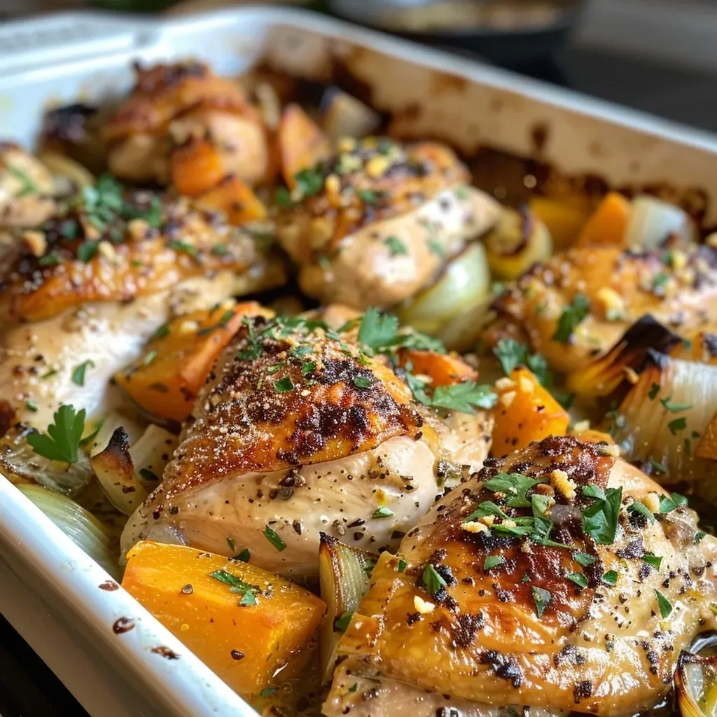 ['A side view of a Chicken Leek and Butternut Squash Bake, showcasing juicy chicken and colorful vegetables.', 'Close-up image of a hearty Chicken Leek and Butternut Squash Bake, highlighting its ingredients and textures.', 'A delicious Chicken Leek and Butternut Squash Bake presented in a dish, revealing layers of chicken and squash.', 'Side view of a warm Chicken Leek and Butternut Squash Bake, with golden crust and colorful filling visible.']