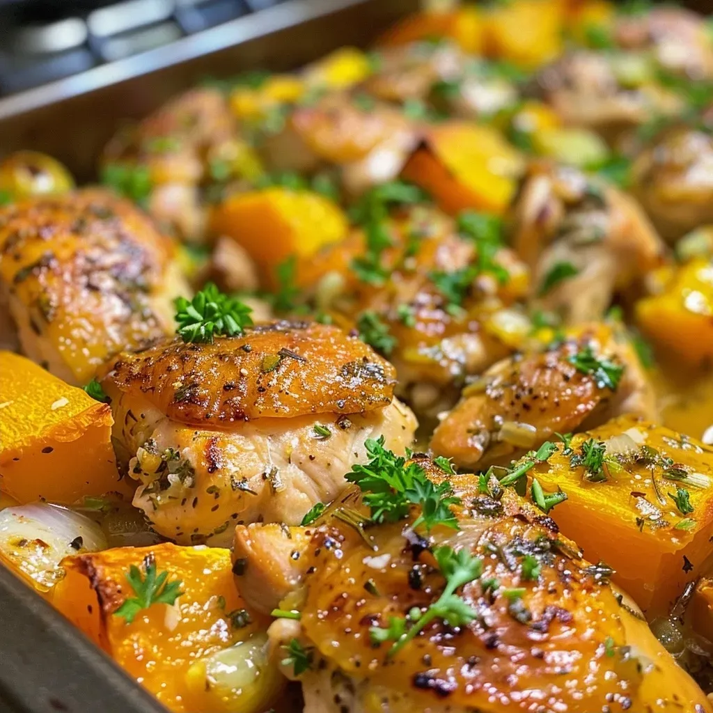 ['Close-up view of Chicken, Leek, and Butternut Squash Bake showing golden-brown chicken and vibrant vegetables.', 'Side view of a delicious Chicken, Leek, and Butternut Squash Bake highlighting juicy chicken and colorful squash.', 'Close-up image of a baked dish featuring chicken, leeks, and butternut squash, garnished with fresh parsley.', 'Side view of a hearty Chicken, Leek, and Butternut Squash Bake with visible layers of meat and vegetables.']