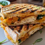 ['Close-up view of a Chicken Panini with Butternut Squash, showcasing golden bread and colorful filling.', 'Side angle of a juicy Chicken Panini filled with butternut squash, visible layers of chicken and cheese.', 'Detailed shot of a grilled Chicken Panini with butternut squash, garnished with fresh spinach.', 'Appetizing photo of a Chicken Panini, highlighting the butternut squash spread and melted mozzarella.']
