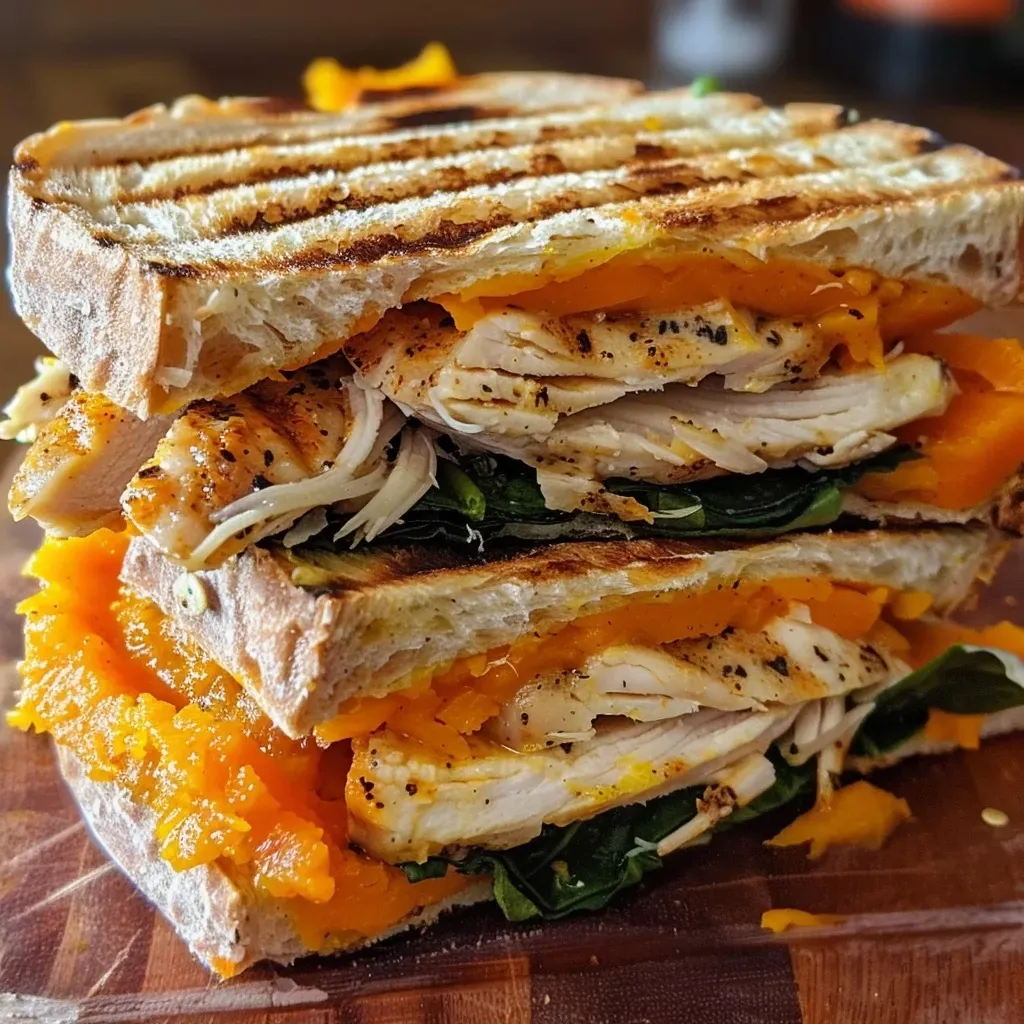 ['Close-up view of a Chicken Panini with Butternut Squash, showcasing golden bread and colorful filling.', 'Side angle of a juicy Chicken Panini filled with butternut squash, visible layers of chicken and cheese.', 'Detailed shot of a grilled Chicken Panini with butternut squash, garnished with fresh spinach.', 'Appetizing photo of a Chicken Panini, highlighting the butternut squash spread and melted mozzarella.']